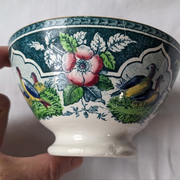 Antique PV France Pleasant Village Blue Floral Birds Open Sugar Footed Bowl - Picture 11 of 14